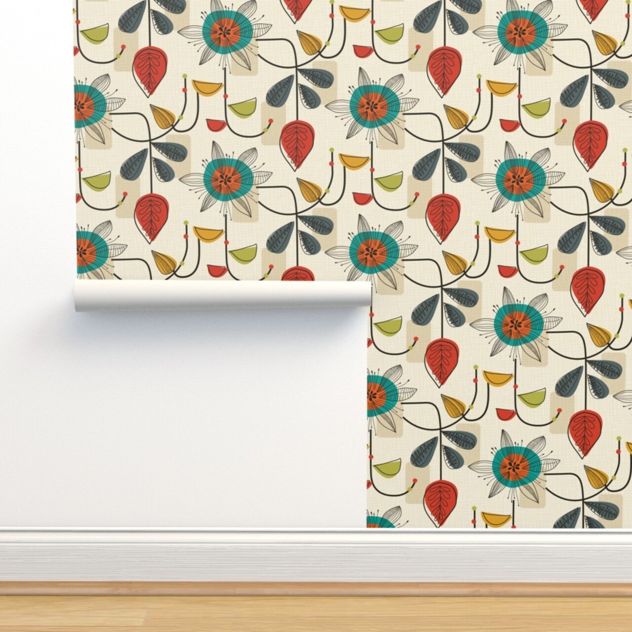 Mid Century Retro Floral Block Colour Cream Beige Geometric Shapes Atomic Age Custom Removable Wallpaper by Spoonflower Peel & Stick Wallpaper 2FT Wide